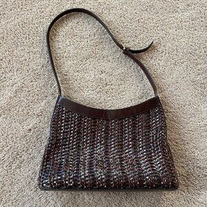 Vintage 80s 90s ETIENNE AIGNER Medium Woven Leather Shoulder Handbag Brown/Gold